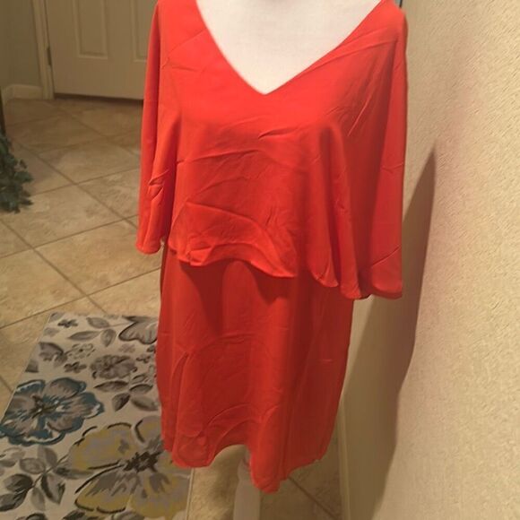 Krisa Women's Size M Layered Drape Mini Dress Coral Red Cocktail Party Flowy New - Picture 2 of 11